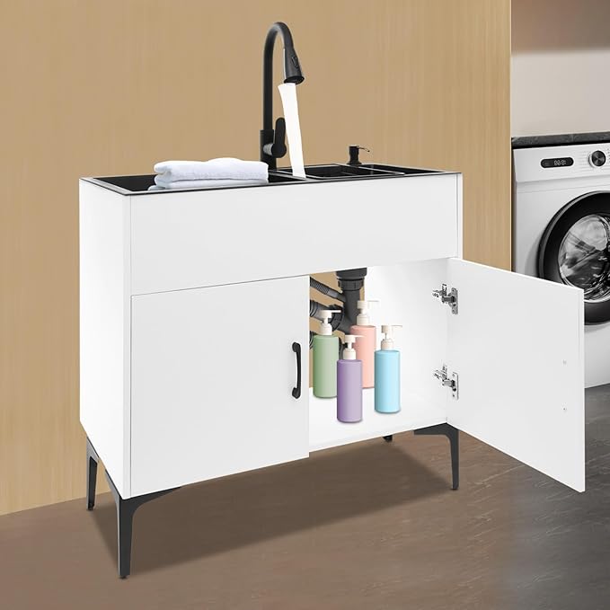 Laundry Sink with Cabinet, Utility Room Stainless Steel Sink with Pull-Out Faucet Dual Bowls, Freestanding Kitchen Bathroom Laundry Tub with Cabinet 31.89x16.93x30.71in(White)