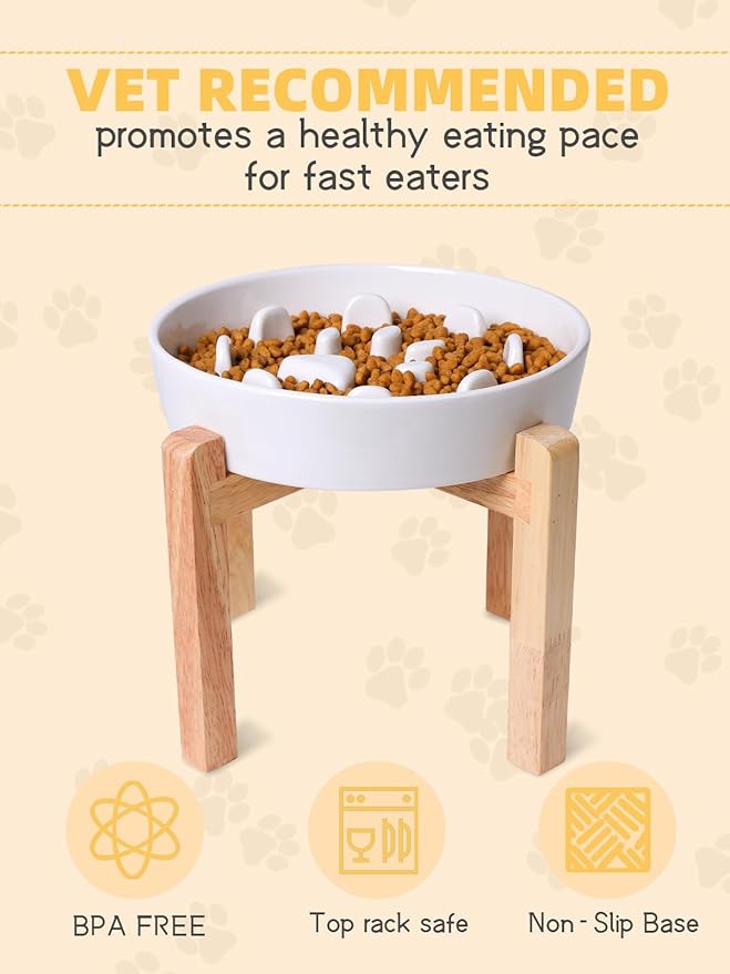 Dog Slow Feeder Bowl, Round Ceramic Pet Food Bowl for Medium Breed, Fun Raised Dog Bowls to Slow Down Eating (White, M-1.3 Cups+Stand)