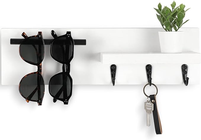 Key Holder for Wall, Decorative Entryway Shelf with Hooks Holds Keys, Dog Leash, Sunglasses – Key Hanger with 3 Hooks Organizes, Enhances Home Decor (15” x 4.5” x 2.6”) (White)