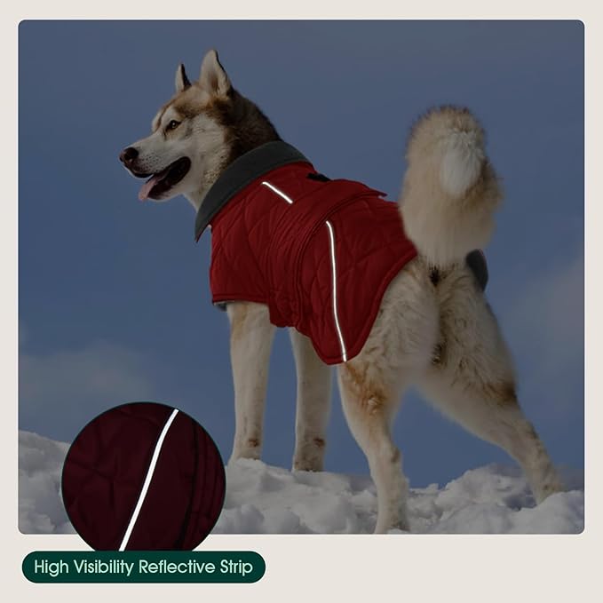 Kuoser Dog Jacket Warm Fleece Lined Dog Coats for Small Dogs, Waterproof Pet Coat Reflective Puppy Snowsuit with Harness Hole for Cold Weather Walking Hiking, Quilted Dogs Winter Vest, Red, S