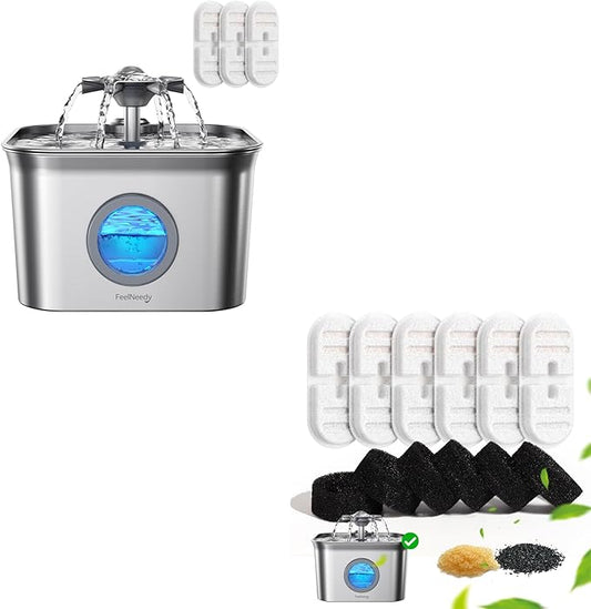 FEELNEEDY Stainless Steel Cat Water Fountain + 4-6 Month Filter Kit (9 Filters + 7 Sponges)