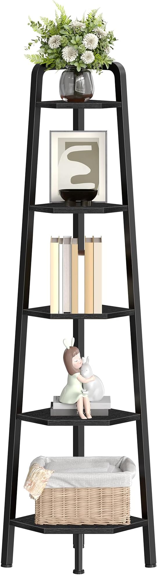 Corner Shelf, 5-Tier Ladder Corner Shelf, Ladder Bookshelf, 59.6" Tall Vertical Display Stand, Metal Frame Bookshelf, for Living Room, Bedroom, Kitchen, Black TCJ20BB