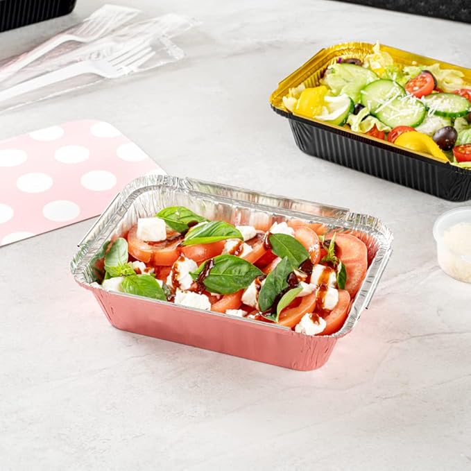 Restaurantware-16 Ounce Disposable Takeout Containers, 50 Rectangle Food Containers - With Polka Dot Lids, Pink Takeaway Containers, Aluminum Delivery Containers, Freezable