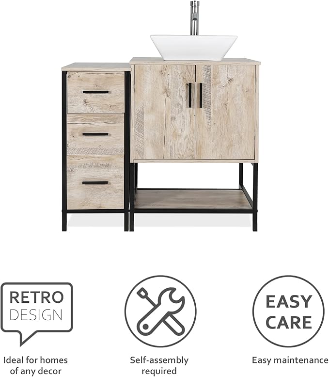 eclife 36" Bathroom Vanity Sink Combo Modern Metal Stand Cabinet W/Bottom Shelf & Storage Side Cabinet White Square Vessel Sink & Water Save Faucet & Pop Up Drain, Oak (A07)