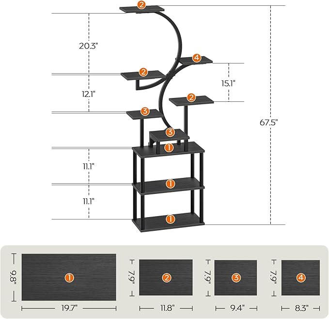 Plant Stand Indoor with Grow Lights, 9-Tier Metal Plant Stand, 69'' Tall Corner Display Shelf for Indoor Plants, for Living Room, Patio, Bedroom, Black PT01BB