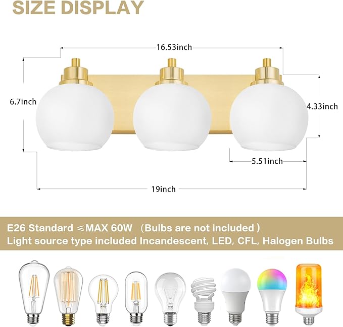 Tuscarora Bathroom Light Fixtures Gold Vanity Light 3 Light Wall Sconces Lighting Brushed Brass Bathroom Lights Bath Wall Lights Wall Lamp for Mirror Kitchen (Brushed Gold & Milk Glass)