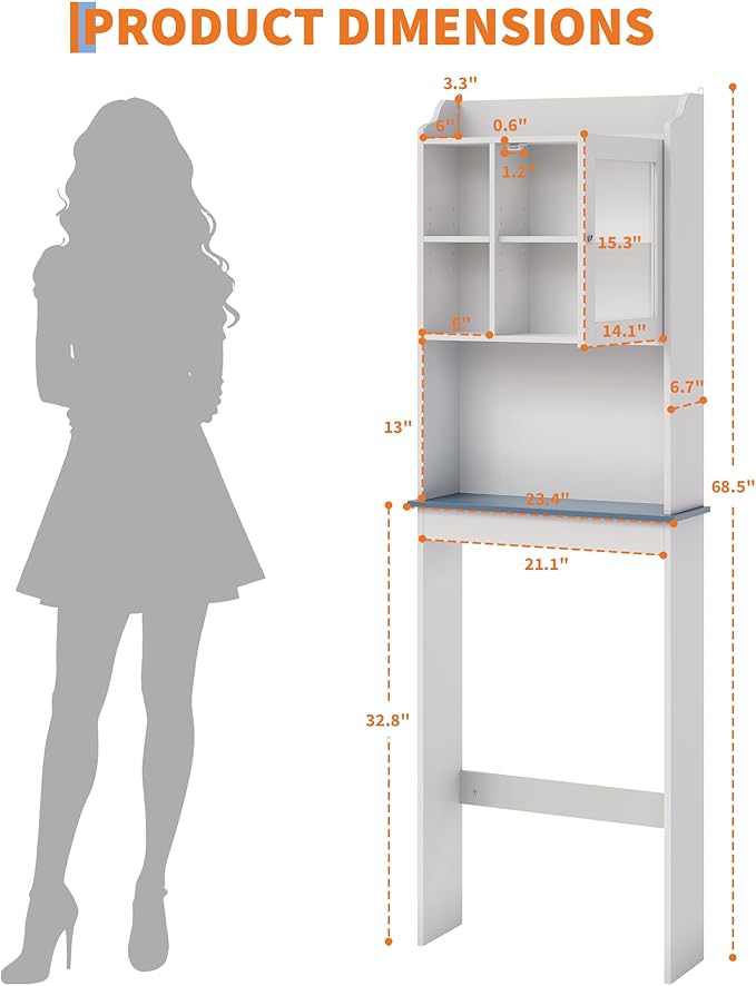 GarveeHome Over The Toilet Storage Cabinet with Adjustable Shelves and Glass Door,Tall Bathroom Organizer Space Saver Over Toilet,Wood Rack for Bathroom, Restroom, Laundry
