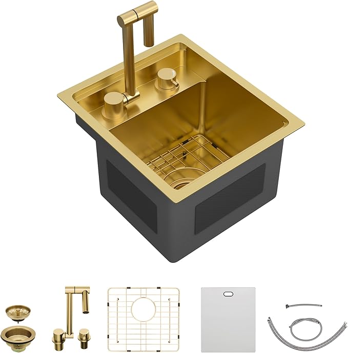 13"x15" Small RV Kitchen Sink – 16 Gauge 304 Stainless Steel Brushed Gold NANO-PVD Undermount Single Bowl Sink with Foldable Faucet, for RV, Camper, Mobile Home, Wet Bar