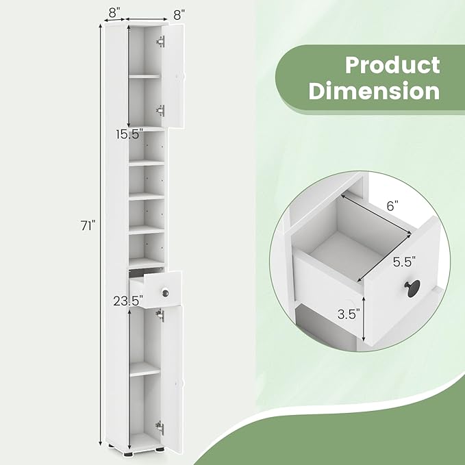 Tangkula Tall Slim Bathroom Storage Cabinet, 71" Freestanding Bathroom Cabinet w/ 2 Doors, 1 Drawer & 5 Adjustable Shelves, Floor Narrow Tower Cabinet for Small Spaces, 8" x 8" x 71" (White)