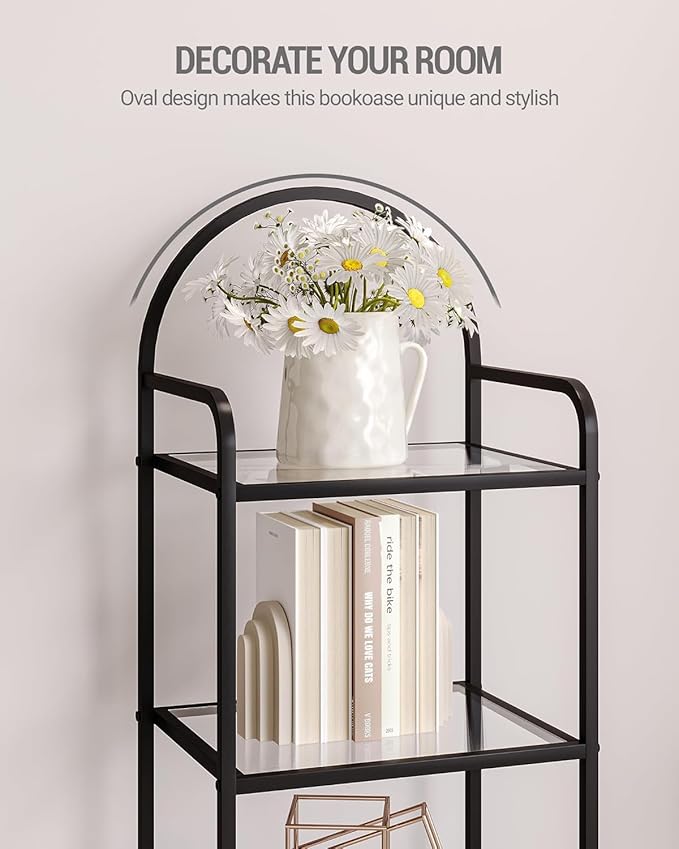 Bookcase Bookshelf, Tempered Glass Bookshelves, Slim Shelving Unit for Bedroom, Bathroom, Home Office, Steel Frame, 6 Tier Black BC10601B
