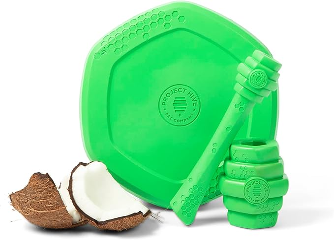 PROJECT HIVE ·PET COMPANY· - Tropical Coconut Scented - Hive Frisbee Disc for Dogs - Great for Fetch - Includes a Lick mat on Back - Floats in Water, Smooth Glide - Made in The USA