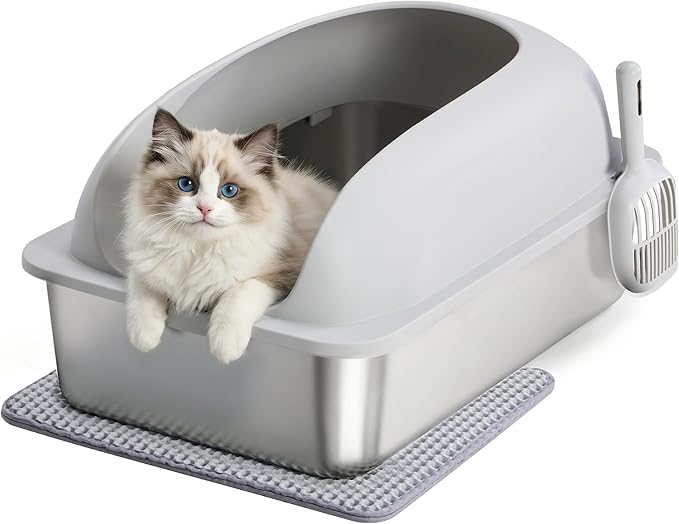 Stainless Steel Cat Litter Box with Lid, High Sided Large Cat Litter Box for Anti-Urine Leakage, Included Scoop and Litter Mat, Light Gray