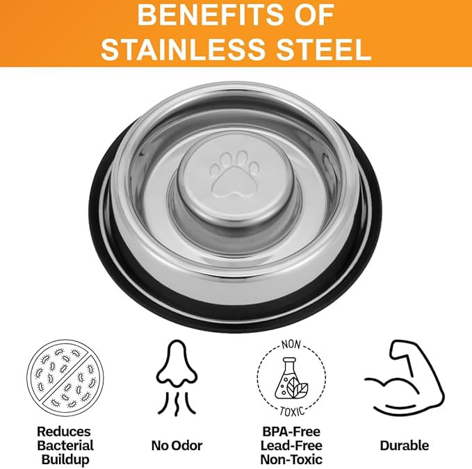 Neater Pet Brands Stainless Steel Slow Feed Bowl - Non-Tip & Non-Skid - Stops Dog Food Gulping, Bloat, Indigestion, and Rapid Eating (3 Cup)