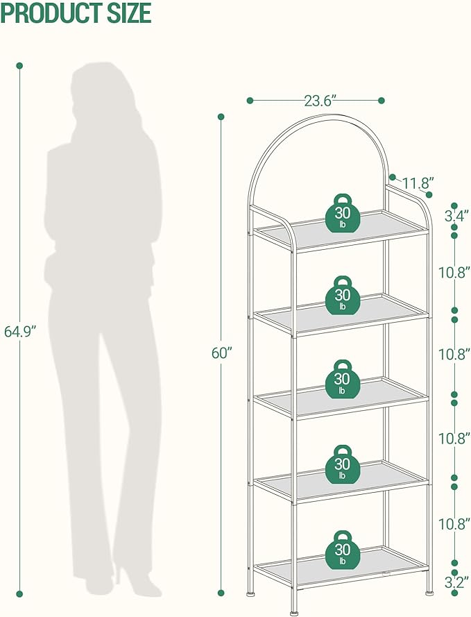 Bookcase Bookshelf, Tempered Glass Bookshelves, Slim Shelving Unit for Bedroom, Bathroom, Home Office, Steel Frame, 5 Tier Gold BC21599G