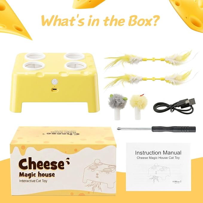 2-in-1 Cheese Box Shaped Interactive Cat Toys for Indoor Cats – 4-Hole Mole & Rotating Feather | USB Rechargeable Electronic Cat Toy for Bored Indoor Adult Cats & Kittens, Cat Whack a Mole Toy, Yellow