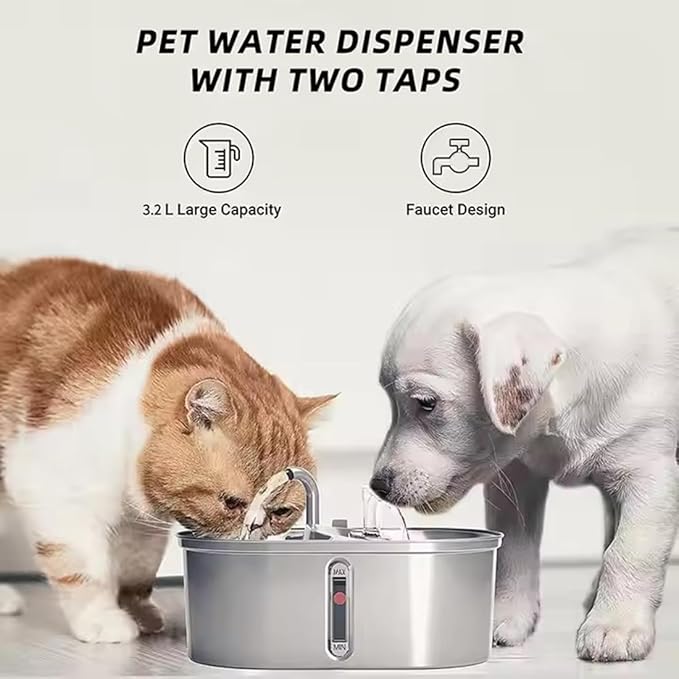 Dual Bowl Cat Water Fountain 3L/101oz,Stainless Steel Pet Drinking Fountain,2-in-1 Cat Bowls for Food-Wate(Water-Water),Ultra-Silent Automatic Dog Water Dispenser with Pump and 5 Filters