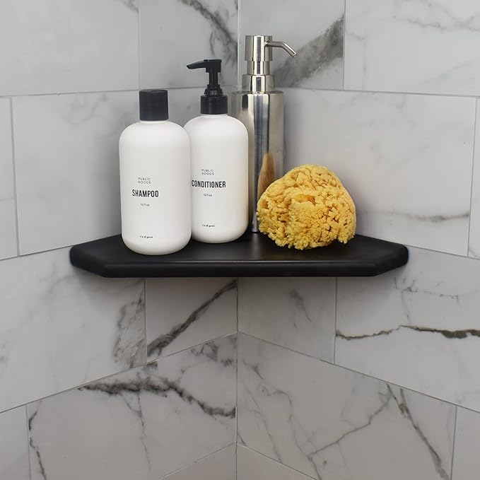 Questech 10" Corner Shower Shelf, Retrofit Shower Organizer for Tiled Walls, Corner Caddy Soap Dish Bathroom Storage, Geo Flatback, Graphite Black