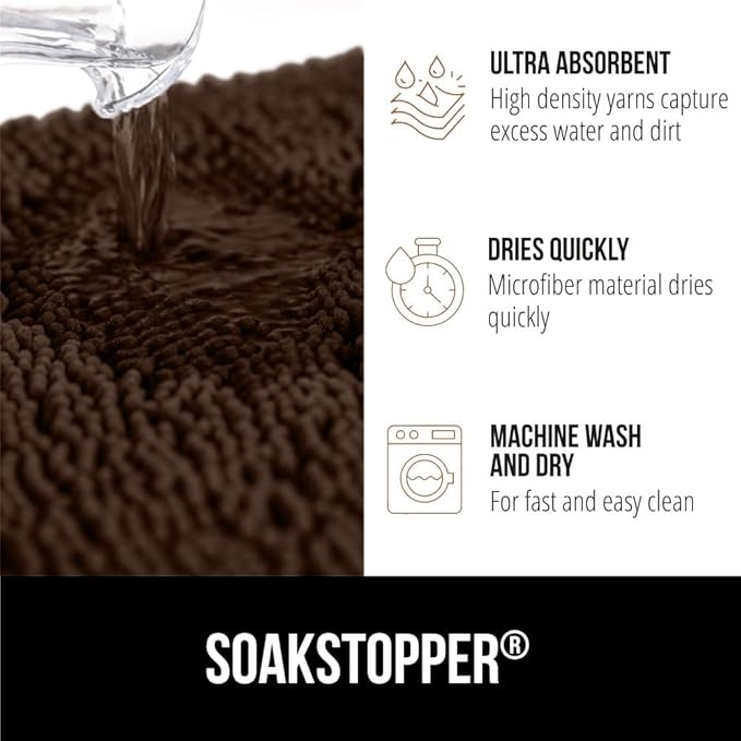 GORILLA GRIP SoakSTOPPER Dog Door Mat, 36x24 Machine Washable Rug Absorbent Doormat Captures Moisture Mud Dirt, Quick Dry Soft Chenille Entryway Rugs Indoor Entrance Mats for Dog Paws, Brown