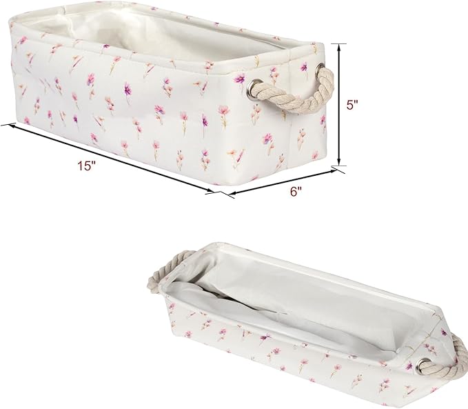 3PC Floral Narrow Storage Bins 15x6x5 inch Pink Flower Small Basket for Closet,Cabinet,Countertop Organizing Small Items Fabric Organizer with Handles, Toilet Paper Storage (Pink flower)
