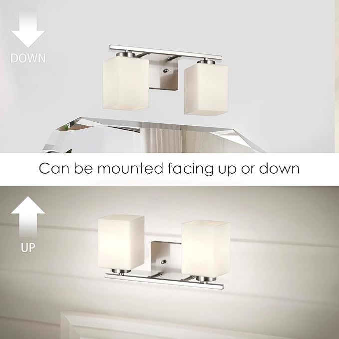 Edvivi Bathroom Light Fixtures, 2-Light Modern Brushed Nickel Vanity Light Over Mirror, Wall Sconces with Square White Glass Shades for Living Room, Bedroom, Hallway, E26 Base
