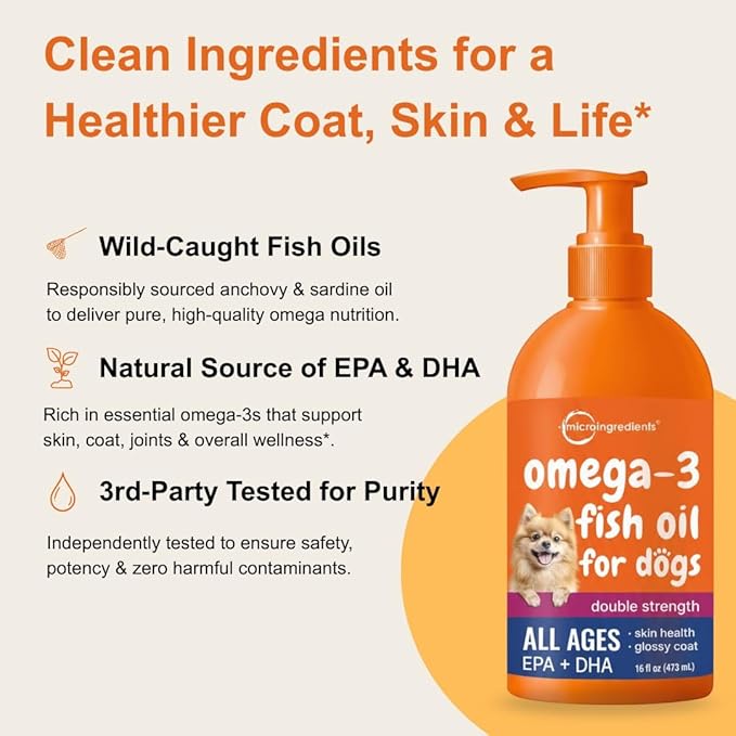 Micro Ingredients Omega-3 Fish Oil for Dogs & Cats, 16 fl oz | Supports Healthy Skin & Shiny Coats* | Liquid EPA & DHA Formula | Wild-Caught Fish Source | Easy-Pump Dispenser | Non-GMO & Pet Friendly