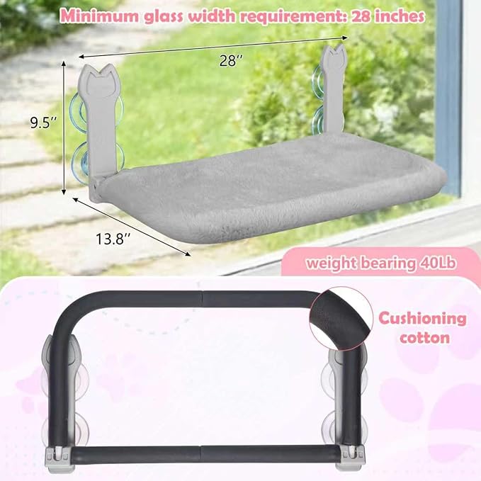 2 Pack Cat Window Perch,Cat Window Hammock Cordless Foldable Window Bed with 4 Large Strong Suction Cup,Reversible Cushion Cover,Metal Frame Easy to Adjust Window Supports 40lb(Gray,L)