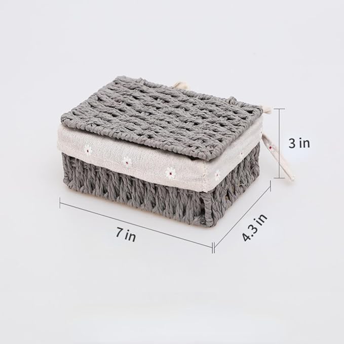 Wicker Shelf Basket with Lid Paper Storage Baskets for Shelves Small Storage Bin with Removable Liner Nesting Decorative Woven Basket for Makeup Closet Organizer (Small, Grey)