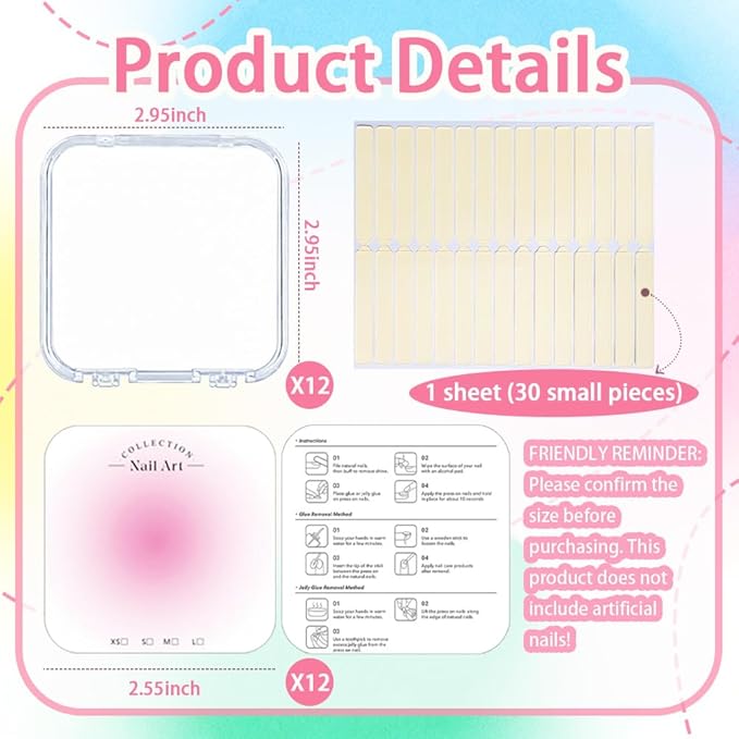12PCS Press on Nail Storage Box Acrylic Organizer Nail Case Nail Display Case Nail Display Box Artificial False Nail Box with Double Sided Adhesive Nail Tape Suitable for Press on False Nail