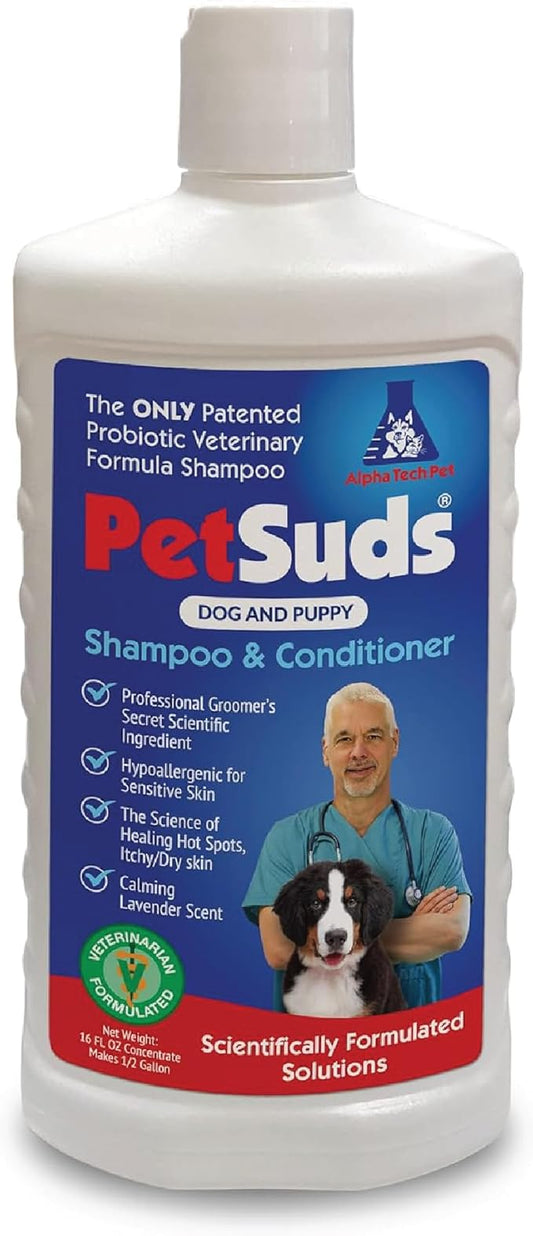 PetSuds Probiotic Dog Shampoo and Conditioner - Helps with Hotspots, and Dry, Oily Skin - Hypoallergenic and Sulfate Free Pet Shampoo - Lavender, 16 Oz. by Alpha Tech Pet