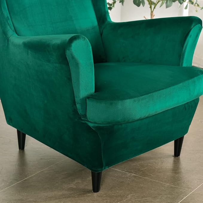 OBCREAT Wingback Chair Covers,2 Piece Stretch Velvet Wingback Chair Slipcover Soft Wing Chair Sofa Covers with Elastic Bottom,Armchair Couch Cover Furniture Protector for Living Room (Green)