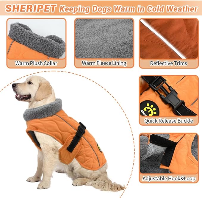 Dog Cold Weather Coats, Fleece Lining Small/Medium/Large Dog Jackets for Winter, Adjustable Pet Winter Clothes for X-Large Dogs, Water Resistant Pet Apparel with Buckle, Orange XL
