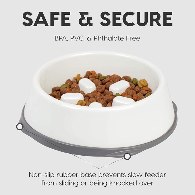 IRIS USA 2-Cup Slow Feeder Bowl, Anti-Choking & Anti-Slip Puzzle Dish for Healthy Digestion, Short Snout Dogs & Cats, BPA & PVC-Free, White/Gray