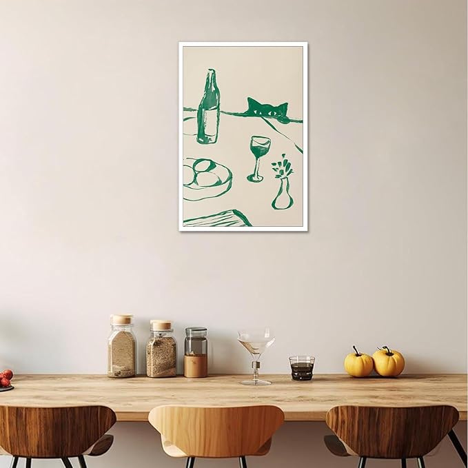 Sneaky Cat Wine Wall Art Funny Kitchen Animal Poster Whimsical Pet Wall Decor Abstract Scandi Dinner Sketch Prints Painting For Living Room Dining Room Wall Decor 24x36in Unframed