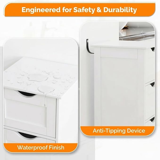 VINGLI White Bathroom Storage Cabinet with 4 Drawers Wooden Freestanding Slim Bathroom Floor Cabinet Small Side Organizer Storage Unit for Restroom Livng Room Kitchen Office Hallway Entryway