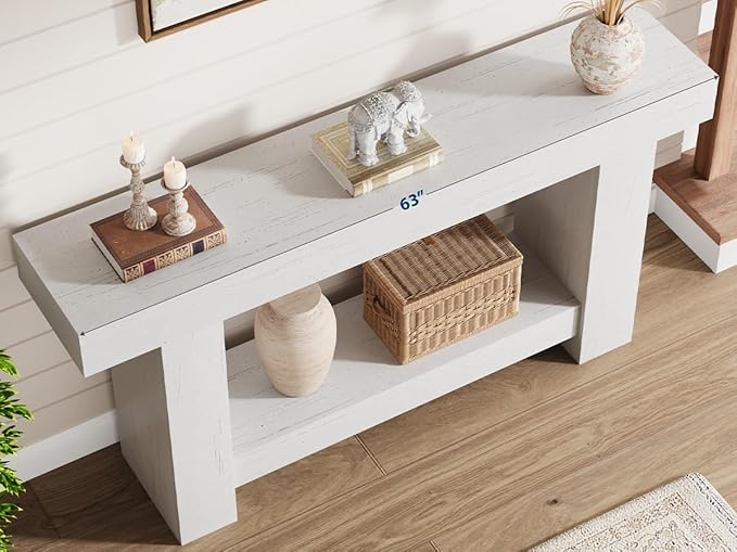 Garvee 63" Farmhouse Console Table with 2 Tiers and Storage – Large Wooden Sofa Table for Entryway, Hallway and Living Room