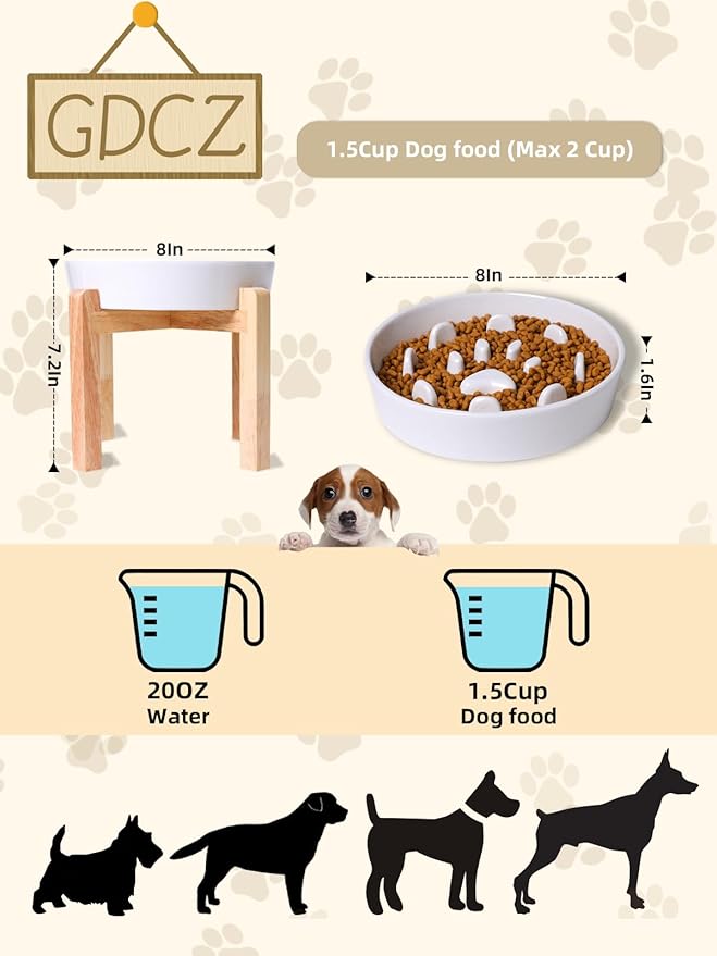 Dog Slow Feeder Bowl, Round Ceramic Pet Food Bowl for Medium Breed, Fun Raised Dog Bowls to Slow Down Eating (White, M-1.3 Cups+Stand)
