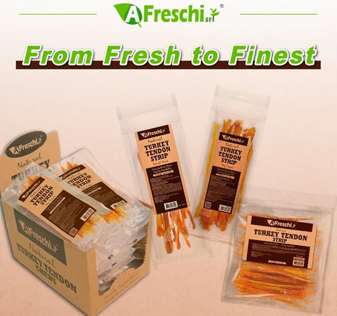 AFreschi Turkey Tendons for Dogs, USA-Sourced, Healthy Dog Treats, Rawhide-Free Puppy Chews, Long Lasting, All Natural, Hypoallergenic Dog Treats for Small Breeds, 10 oz Pack Strips