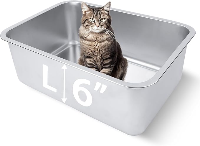 Stainless Steel Cat Litter Box for Adult Cats or Kitty/Kitten 18"x14"x6" Rust-Proof, High Side, Non Stick, No Smell, Easy to Clean Metal Cat Litter Box