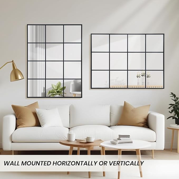 Windowpane Wall Mirror 24"x36" Black Wall Mounted Art Pane Mirror Farmhouse Decorative Mirror Leaning Hanging Wall Mirror for Bedroom Living Room Entrance Hallway Wall Decor