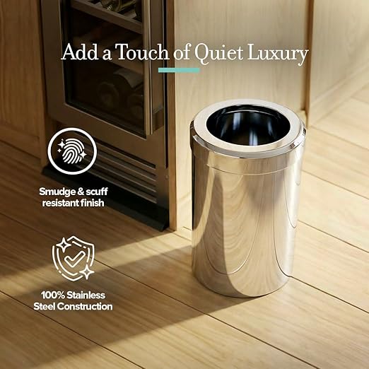 Gatco Small Bathroom Trash Can with Lid, Round 3 Gallon Stainless Steel Wastebasket, Under Sink, Chrome, for Bathroom, Bedroom, Office (1910)