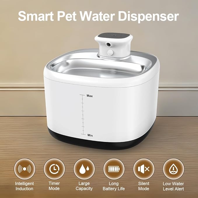 Wireless Smart Cat Water Fountain, 2L Stainless Steel Pet Water Dispenser with Motion Sensor, Ultra Quiet Pump, 5-Stage Filter, BPA-Free, Rechargeable Battery for Cats, Kittens & Small Dogs