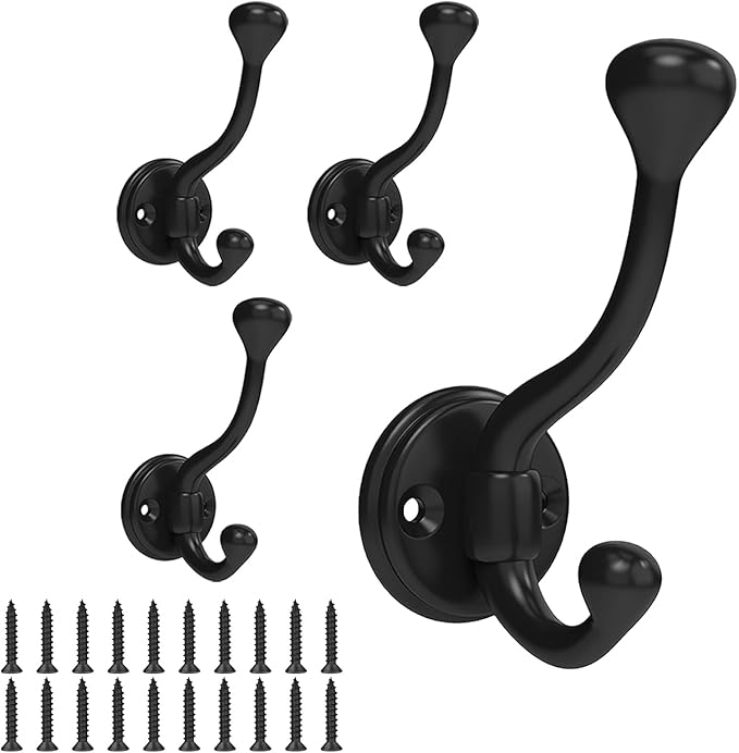 4 Pack Wall Hooks for Hanging, Heavy Duty Coat Hook Wall Mount, Easy to Install Metal Closet Hooks, Apply to Bathrooms, Bedrooms, Living Rooms, Entrances（Black）