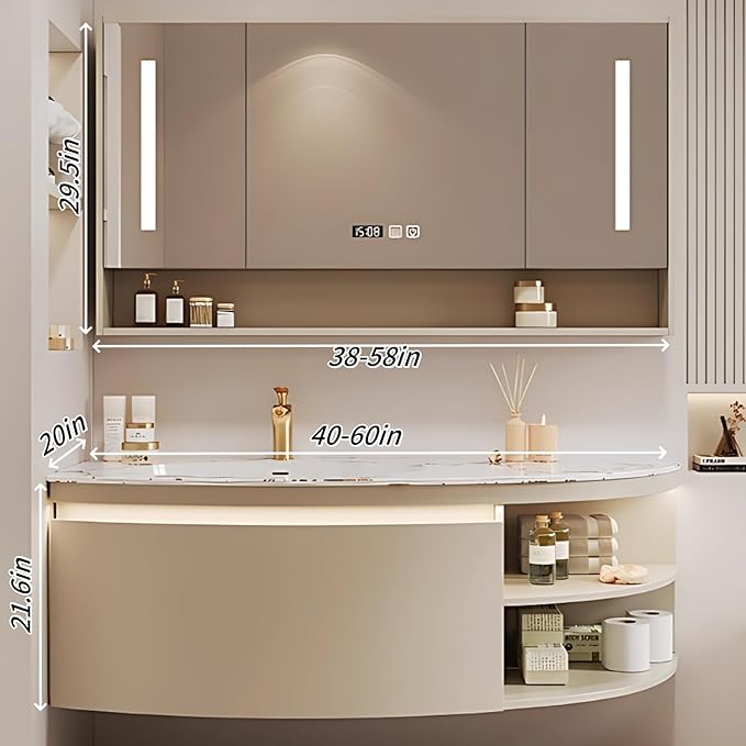 58IN Floating Bathroom Vanity, Wall Mounted Wood Sink Cabinet with Smart Sensor LED Light Strip & Open Style Side Cabinet | LED Lights & Defogging Function, Single Sink Vanities Set (Beige)