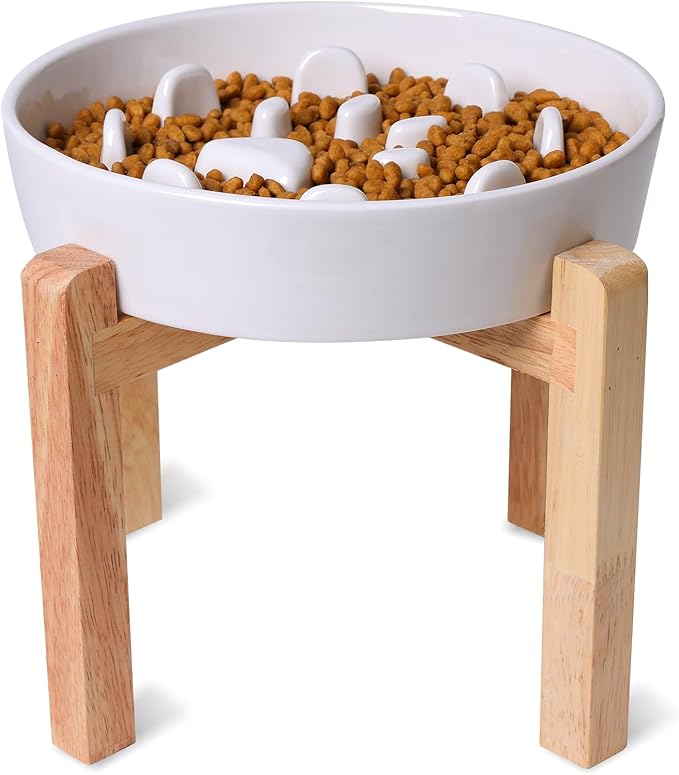 Dog Slow Feeder Bowl, Round Ceramic Pet Food Bowl for Medium Breed, Fun Raised Dog Bowls to Slow Down Eating (White, M-1.3 Cups+Stand)