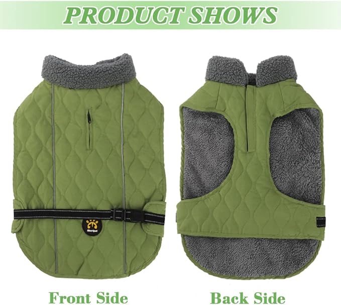 Dog Winter Coats, Fleece Lining Winter Coats for Dogs, Adjustable Windproof Dog Cold Weather Coat, Quick Release Buckle Puppy Jacket for Small Medium Large Dogs, Green S
