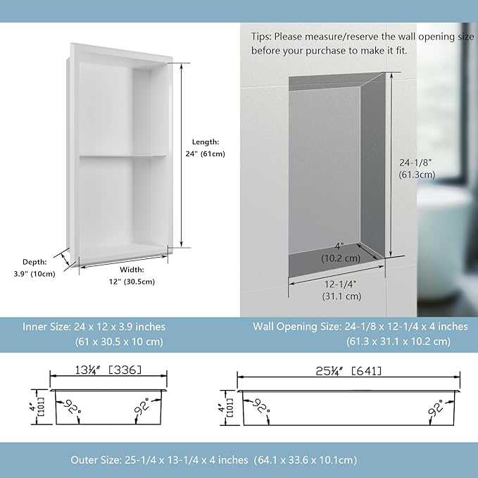 Shower Niche, 12" x 24" White Bathroom Niche, No Tile Needed Wall Niche, Double Shelves Bathroom Organizer, Modern in Wall Two-Tier Niches, 304 Stainless Steel Recessed Shower Shelf