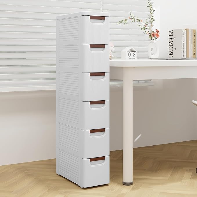 POWERSTONE 6-Drawer Plastic Rolling Storage Cabinet, Narrow Organizer Cart with 4 Wheels, Space-Saving Slim Mobile Utility Cart for Bedroom, Bathroom, Office & Classroom