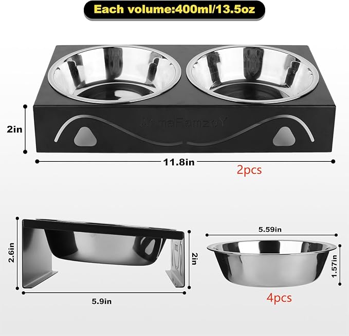 2 Pack Cat Food Bowls - Indoor Set with Metal Stand,5° Tilted Anti Vomiting Wide Raised Pet Dish,Cute Elevated Cat Feeding Station for Food Water, 4 Stainless Steel Bowls for Multiple Kitten,Puppy