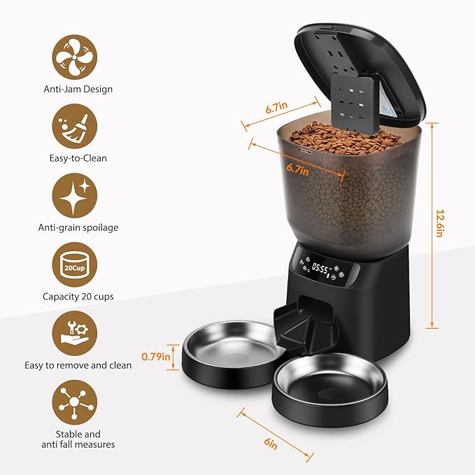 Automatic Cat Feeders for Two Cats, 5L/20 Cups Double Automatic Cat Food Dispenser with 2 Stainless Bowls, Timer Setting 20 Portions 6 Meals Per Day, 10s Meal Call, Pet Feeder for Dog (Black, 5L)