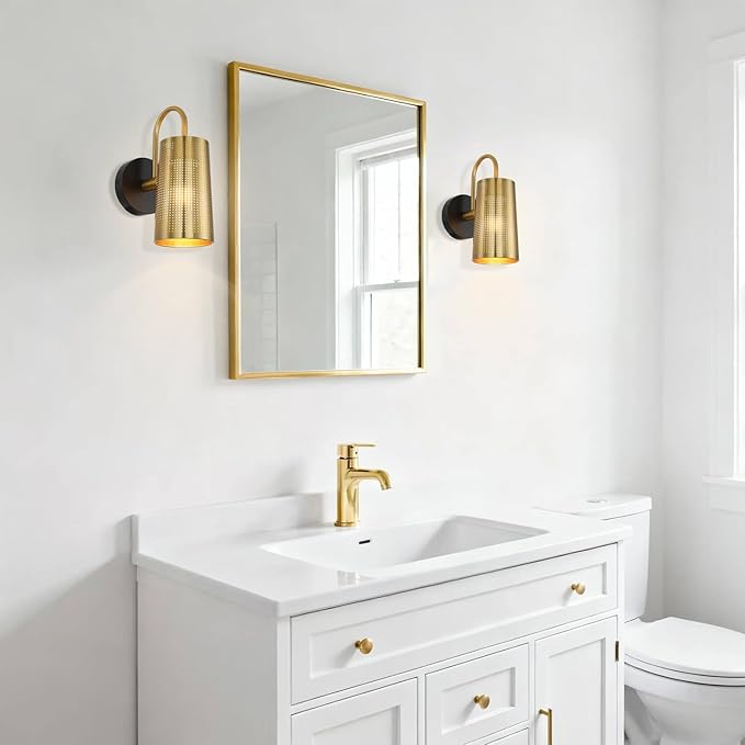 XiNBEi Lighting Wall Sconce Black Gold Bathroom Light Fixture with Cone Iron Shade, Modern Hardwired Sconce Lights Indoor Wall Lamp for Bedroom Bathroom Hallway XB-W430-BS